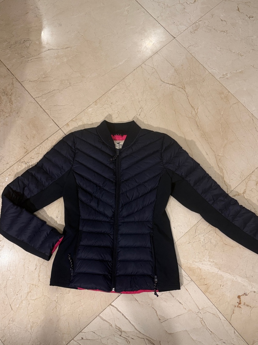 Hollister Navy Quilted Hybrid Puffer Jacket with Pink Lining